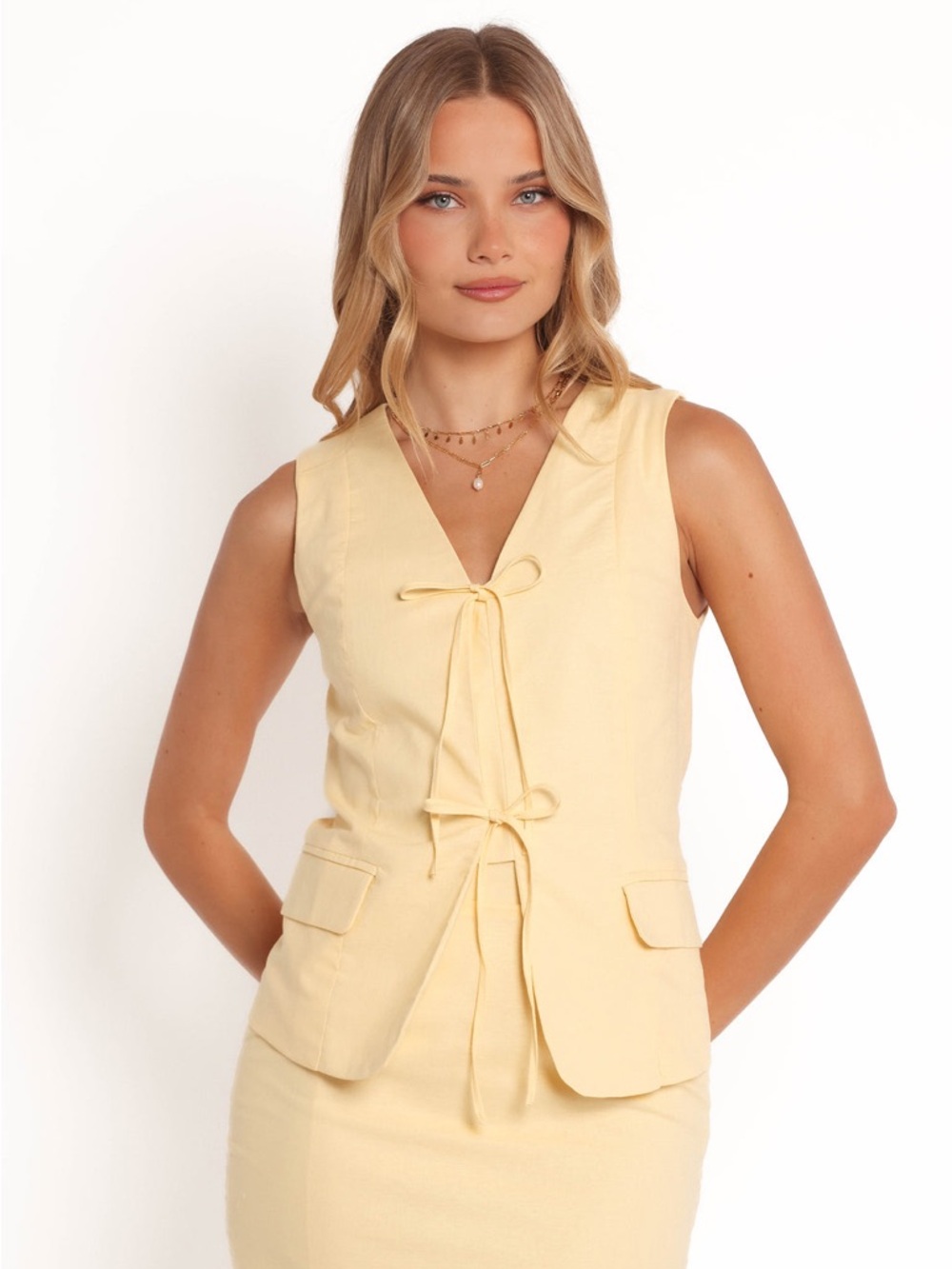 NWT Petal + Pup Tie Front Butter Yellow Linen Preppy Vest Sleeveless Women’s S